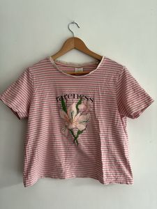 Pink Striped T-Shirt with Floral Graphic