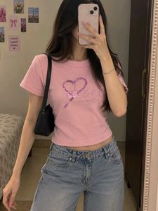 Pink Cropped Ribbed Top with Heart Detail