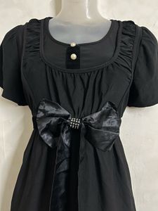 korean Black Short Sleeve Dress with Bow
