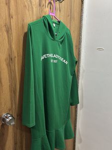 Green Hoodie Dress with Ruffle Hem