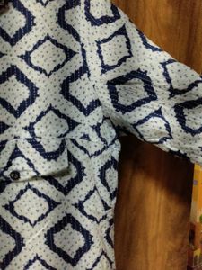 White With Blue ikat print Long Kurti