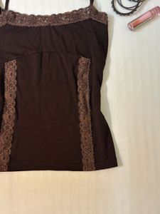 Brown Lace Trim Cami Top