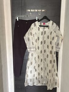 White Printed Kurta with Grey Pants