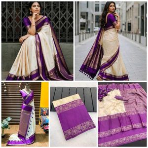 Elegant Cream &amp; Purple Silk Saree