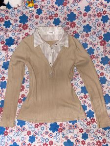 Ribbed Knit Collared Long Sleeve Top