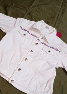 White Denim Jacket with Floral Trim