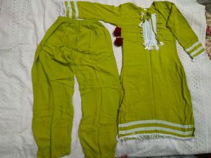 Lime Green Kurta Set with Lace Details