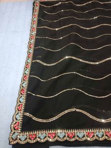 Elegant Black Saree with Sequins &amp; Embroidery