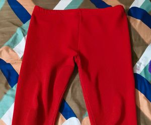 Red Textured Leggings with Floral Applique