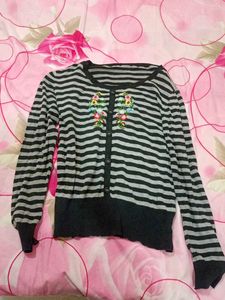 Striped Cardigan with Floral Embroidery