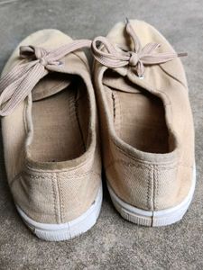 Beige Canvas Lace-Up Sneakers