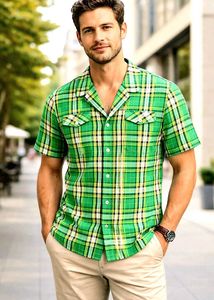 Stylish Men's Short-Sleeve Plaid Shirt Size-36