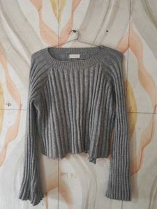 Grey Ribbed Knit Sweater