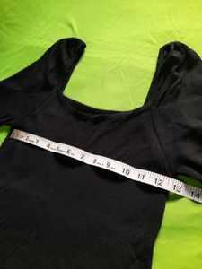 Square Neck Black Ribbed Puff Sleeve Top Partywear