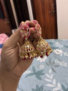 Stunning Pink & Gold Jhumka Earrings
