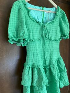 Cute Green Ruffle Gingham Mini Dress