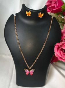 Cute Metal Pink Butterfly Necklace &amp; Earrings Set