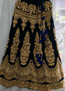Dark Blue Embroidered Velvet Lehenga Set