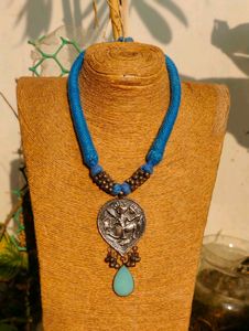 Handmade Blue Cord Pendant antique finish Necklace