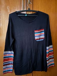 Black Long Sleeve Top with Tribal Print Pocket