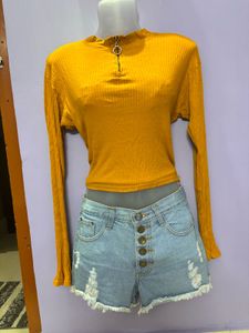 Mustard Yellow Ribbed Zip-Up Top