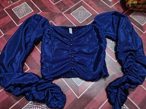 Chic Blue Ruched Puff Sleeve Top