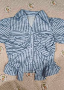 Chic Blue Striped Ruched Shirt