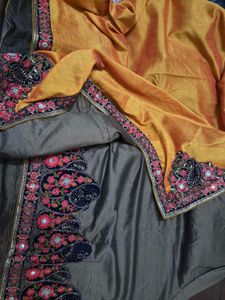 Embroidered yellow and charcoal Silk Saree