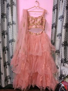 Pink Tiered Lehenga Choli with Floral Embroidery