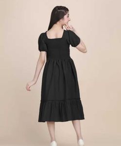 Chic Black Smocked Puff Sleeve Midi Dress