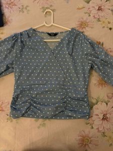 Cute Blue Polka Dot Wrap Top