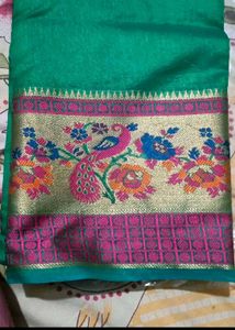 Emerald Green Sari with Floral Peacock Border