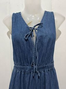 Denim Midi Dress with Tie Neck