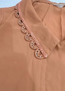 Chic Collared Brick red Blouse with Lace Trim