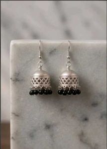 Elegant Silver Jhumka Earrings with Black Beads