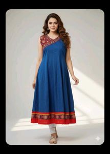 bust 42 Elegant Blue Embroidered Cotton Kurta