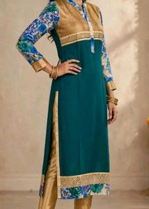Elegant Teal Kurta Set with Floral Sleeves