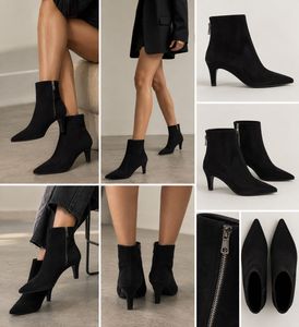 Black Suede-Effect Pointed-Toe Ankle Boots