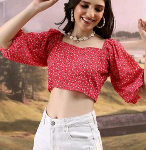 Red Floral Puff Sleeve Crop Top