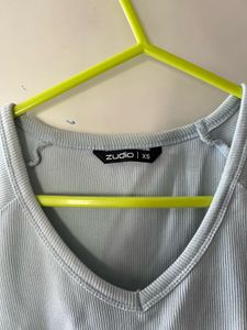 Light Blue Ribbed V-Neck Top