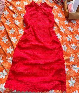 Vibrant Red Lace Midi Dress