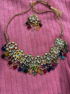 Multi colored kundan set with maan teeka
