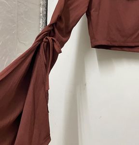 Brown Long Sleeve Tie Detail Crop Top