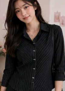 Classic Black Pinstripe Button-Up Shirt💫