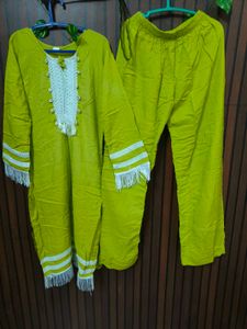 Vibrant Lime Green Kurta Set with Tassels