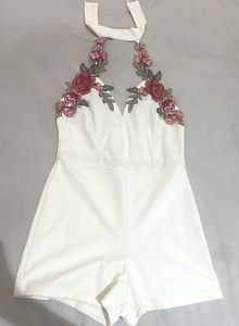 White Halter Neck Romper with Floral Embroidery