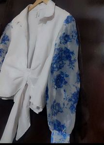White Top Blue Floral Print Sleeves For 42 Bust