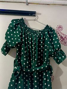 Dark Green Polkadot Long Dress, With Matching West