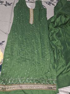 Green Sequinned Kurta Set hand striched
