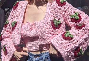 Crochet Strawberry Cardigan &amp; Crop Top Set